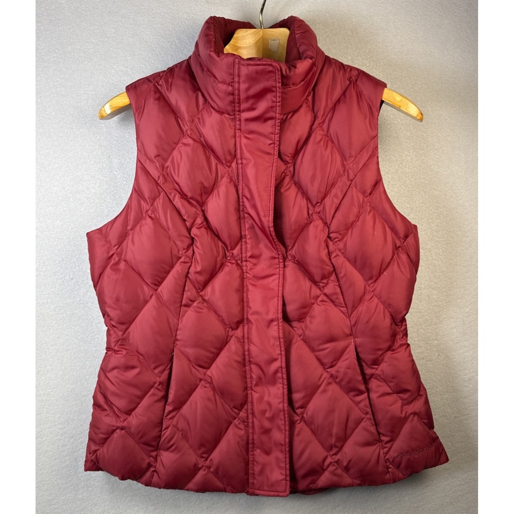 Eddie Bauer Puffer Vest‎ Womens L Burgundy Diamond Quilt Goose Down Travel Snow